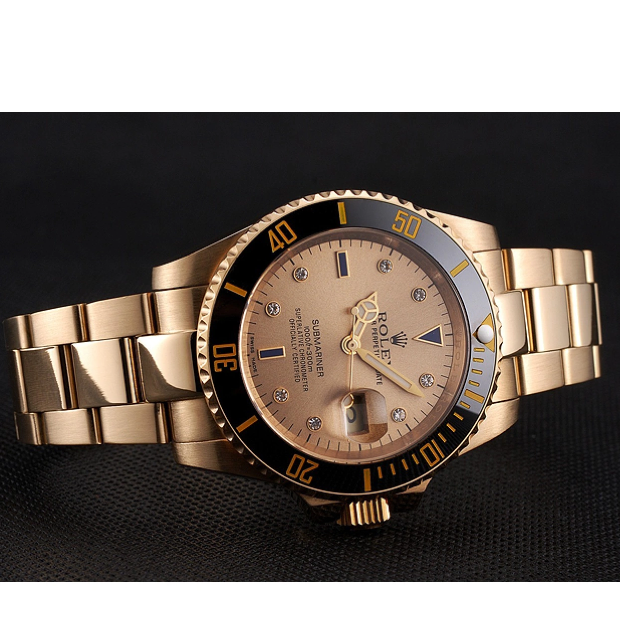 Good copy rolex watches Swiss Diamond Dial Submariner Bracelet Case With Bezel Black Rolex Gold Markings And Yellow Gold 0215