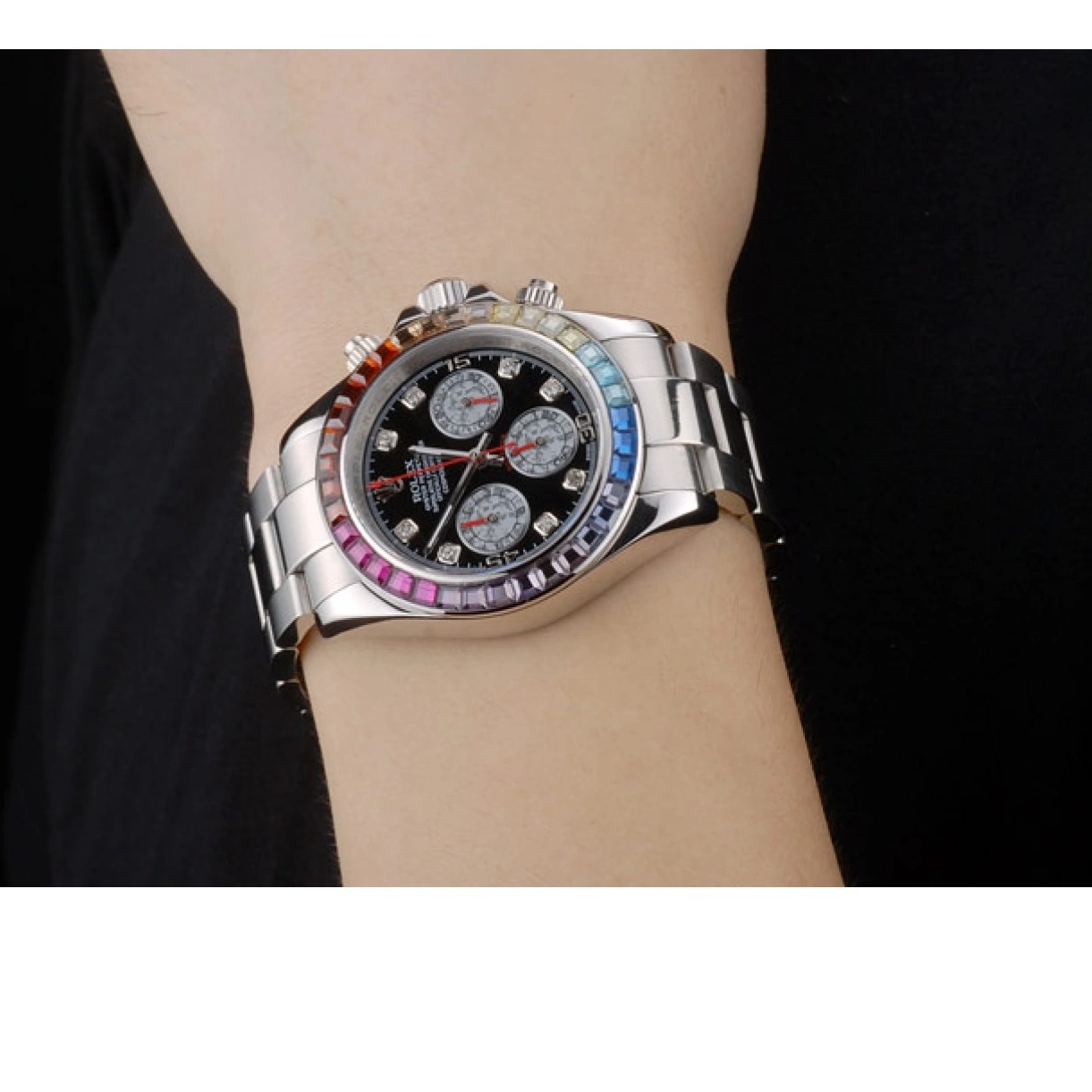 AAA replica watch Crystals Cosmograph Daytona Dial Black Rolex Stainless 80250 Strap Bezel Steep Rainbow 0210