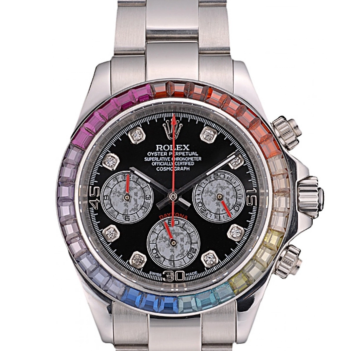 AAA replica watch Crystals Cosmograph Daytona Dial Black Rolex Stainless 80250 Strap Bezel Steep Rainbow 0210