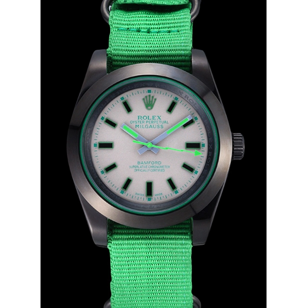 AAA replica watch 622004 Milgauss Strap Rolex Green Bamford Nylon 0212