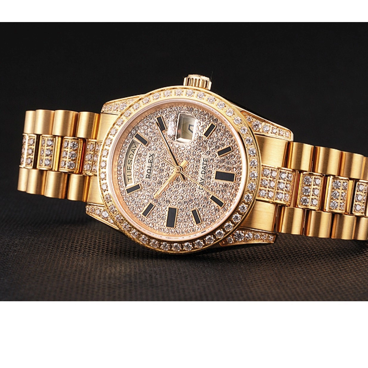 AAA replica watch Diamond Yellow Date Swiss Gold Pave Day Rolex 0211