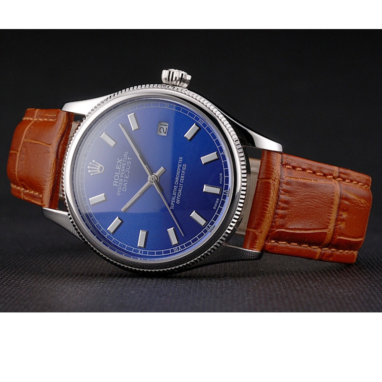 Rolex aaa copy Swiss Case Datejust Stainless Steel Brown Rolex Dial Leather Light Blue Strap 0225