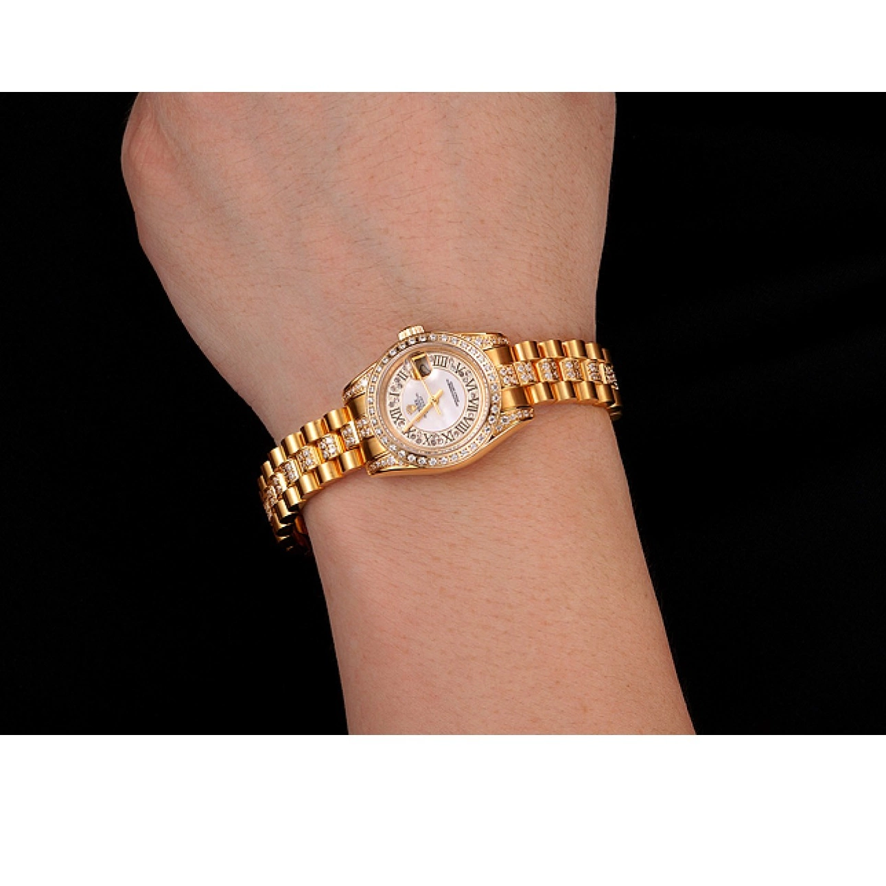 Good copy rolex watches Bracelet White Diamond Gold Dial Pave Diamond DayJust 1453957 Swiss Rolex 0212