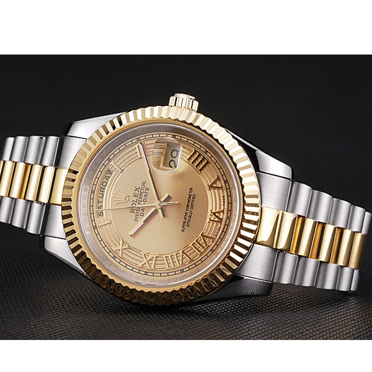 Rolex aaa copy Gold Tone Steel Two Plated 18k Stainless Day-Date Dial Rolex Gold 0225