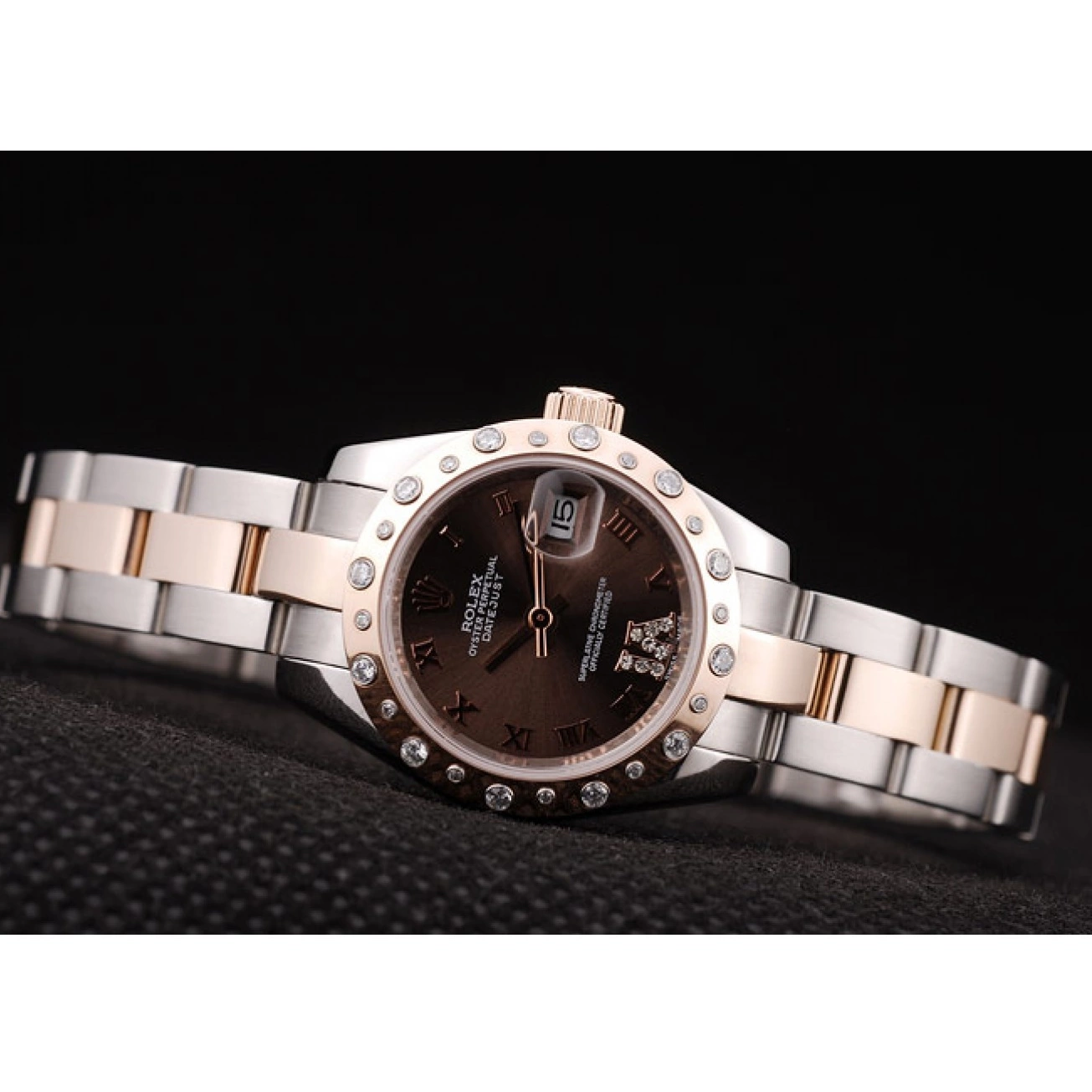 Rolex copies cheap Plated Diamond Case Steel Brown Rolex Dial Stainless Brushed DateJust 0224