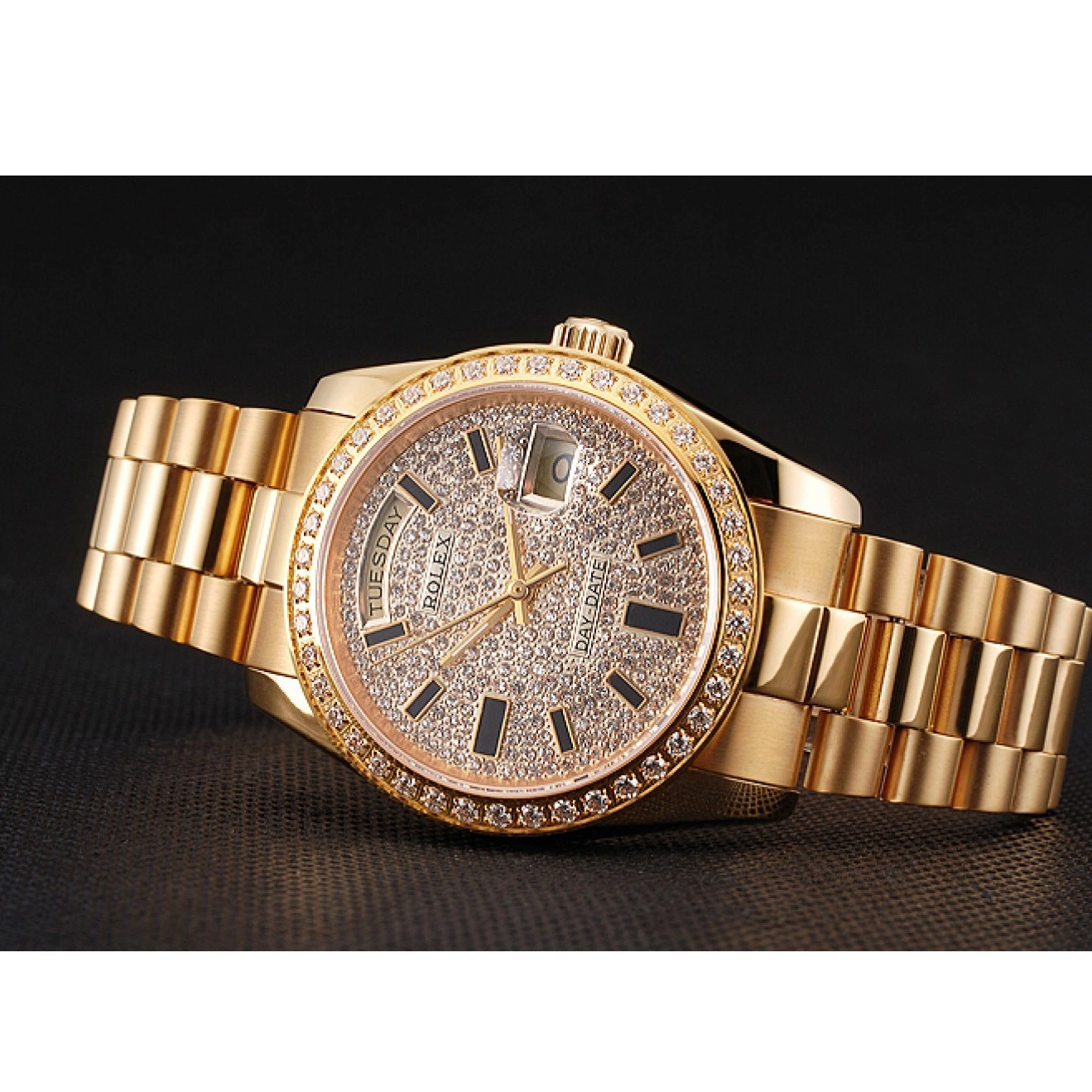 Rolex aaa copy Diamond Bezel Date Bracelet Case Swiss And Day Gold Pave And Rolex Dial 0210