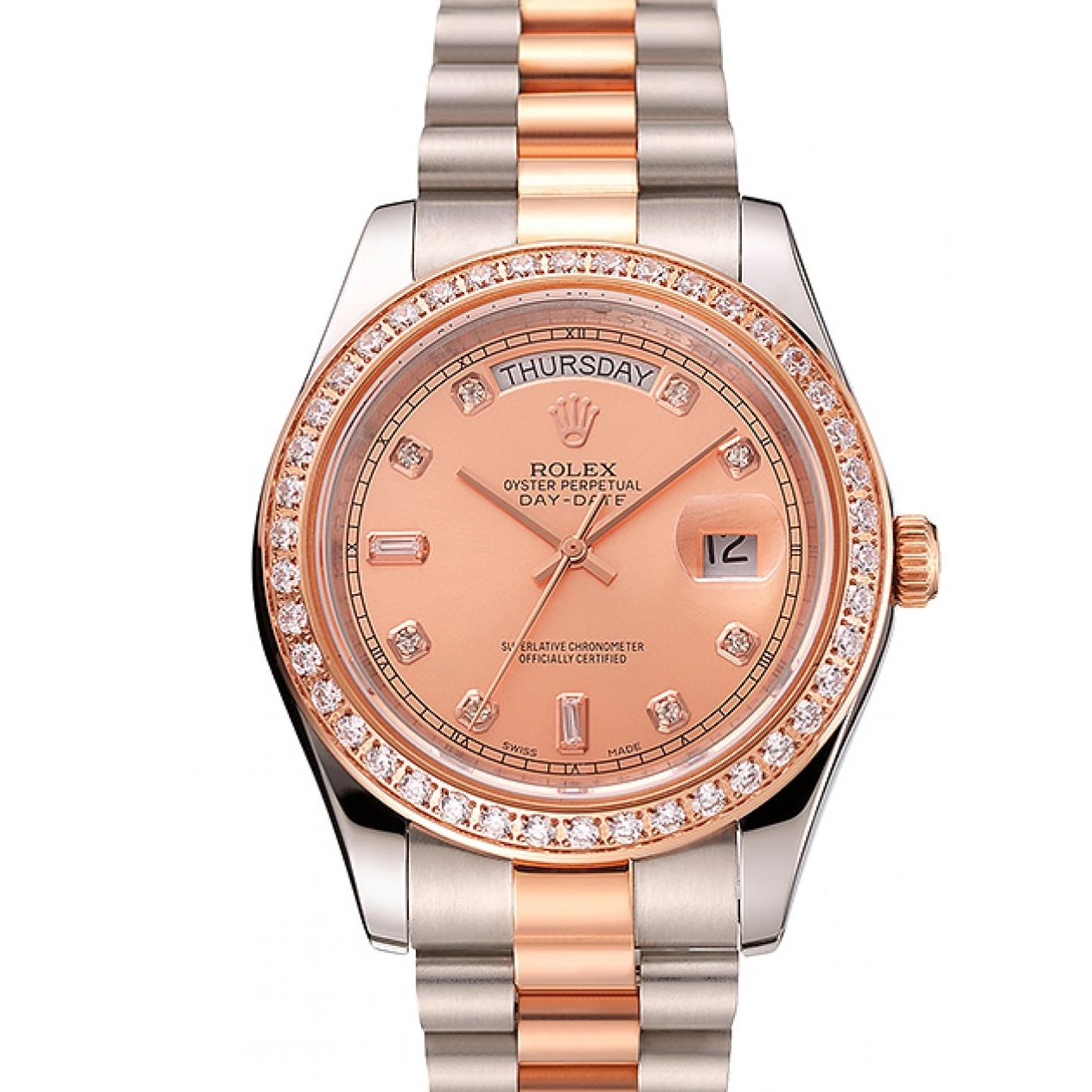 Good copy rolex watches 1454107 Bezel Gold Diamonds Swiss Steel Rose Bracelet And Staineless Day-Date Rolex 0220