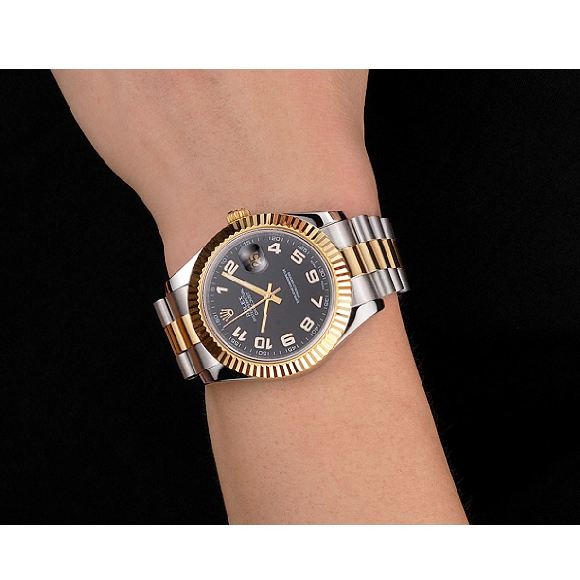 AAA replica watch Gold Datejust Case Swiss Bracelet Tone Black Two Steel Bezel Dial Stainless Rolex 0221