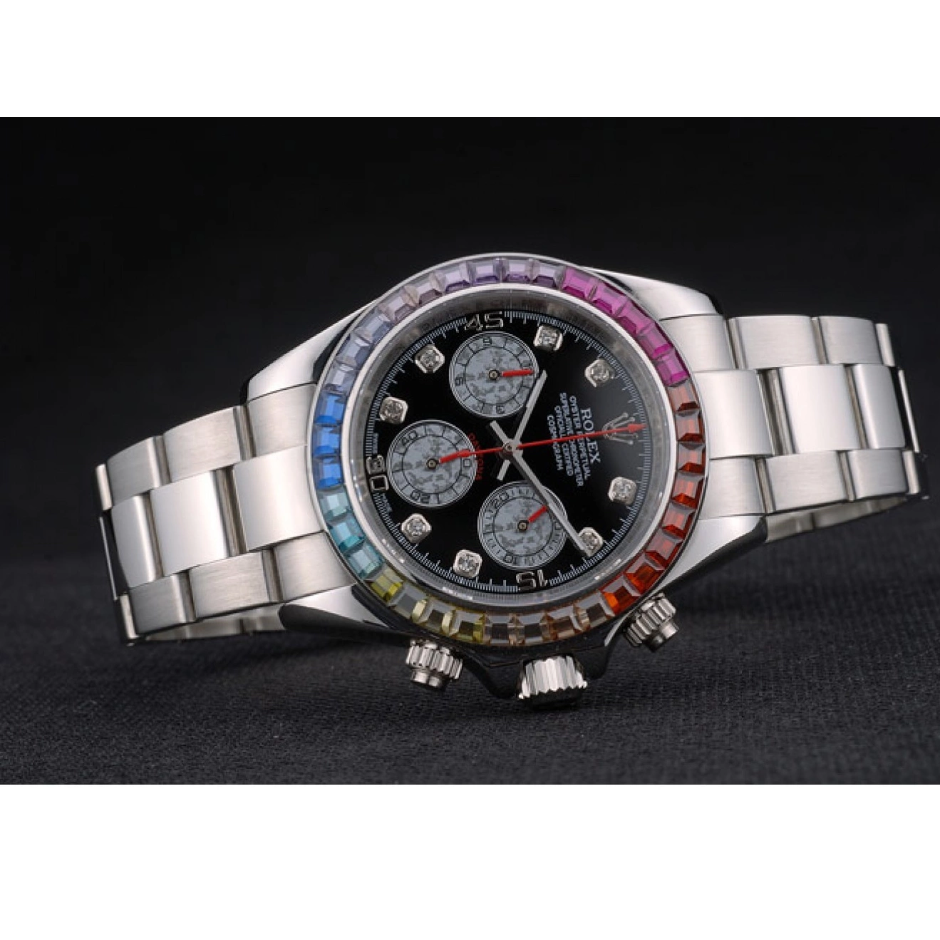 AAA replica watch Crystals Cosmograph Daytona Dial Black Rolex Stainless 80250 Strap Bezel Steep Rainbow 0210