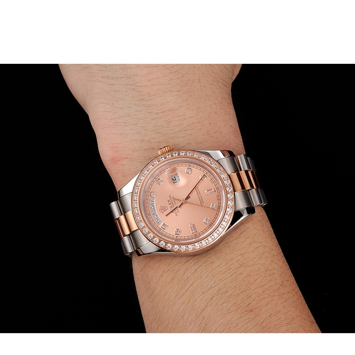 Good copy rolex watches 1454107 Bezel Gold Diamonds Swiss Steel Rose Bracelet And Staineless Day-Date Rolex 0220