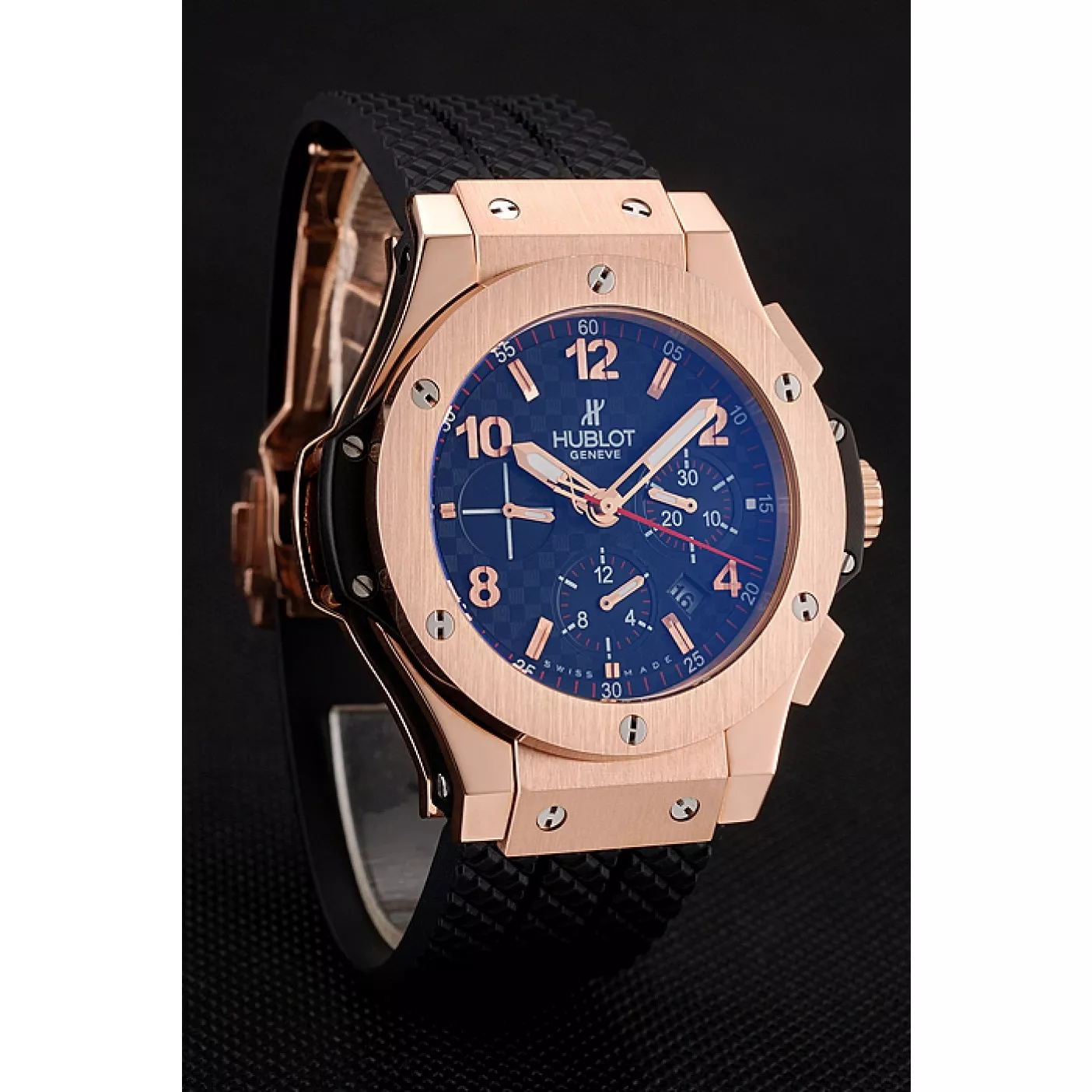 Rolex copies cheap Swiss Hublot Big Bang Carbon Effect Dial Rose Gold Case Black Rubber Bracelet 1453897 0205