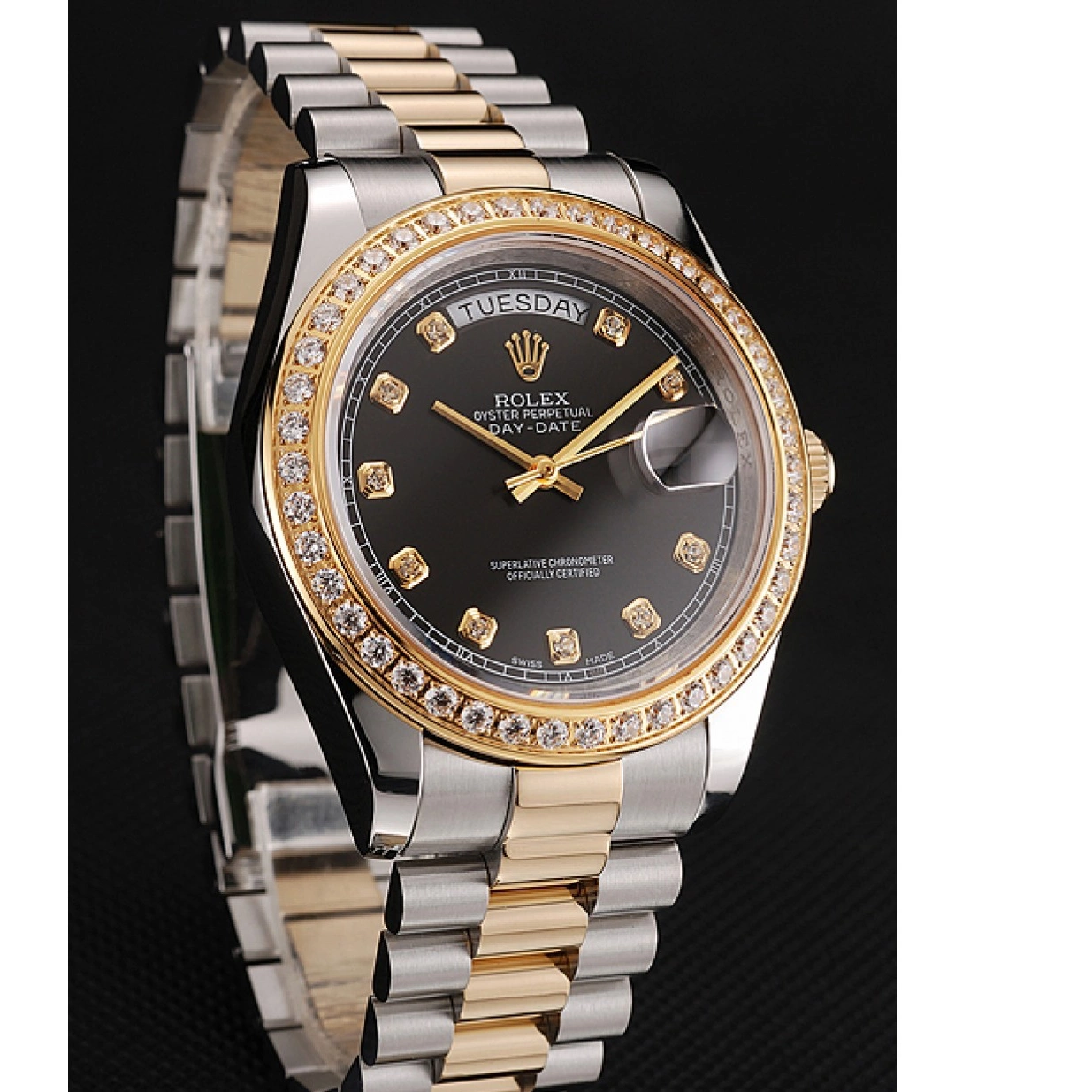 AAA replica watch Day-Date Gold Two Case Black Bracelet Stainless Rolex Dial Tone Diamond Swiss Steel 1453975 0222