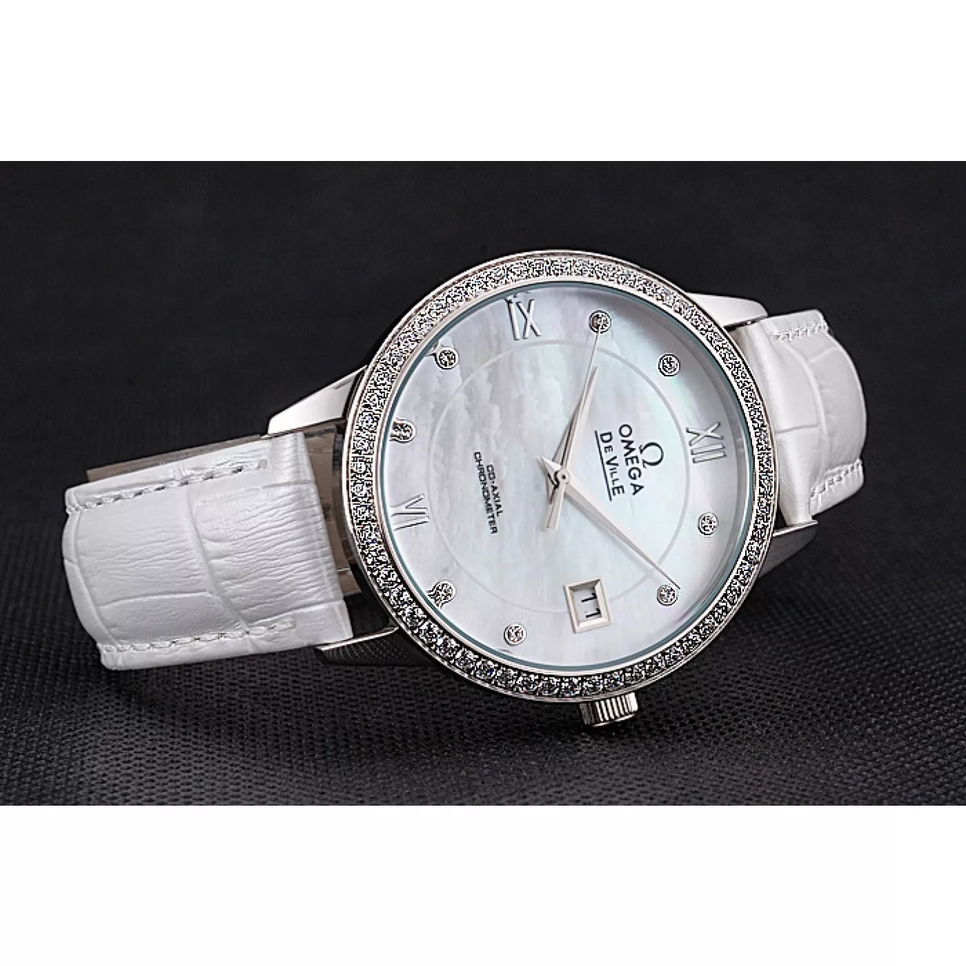 Good copy rolex watches Omega DeVille Prestige Co-Axial Diamond Silver Case Mother-Of-Pearl Dial White Leather Strap 0201