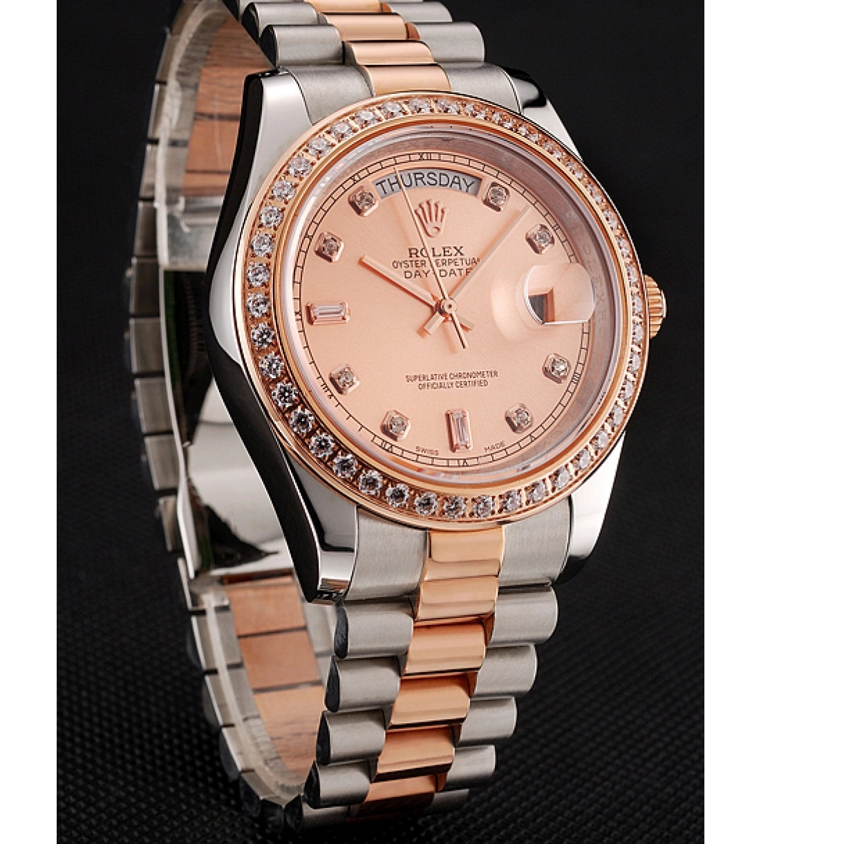 Good copy rolex watches 1454107 Bezel Gold Diamonds Swiss Steel Rose Bracelet And Staineless Day-Date Rolex 0220