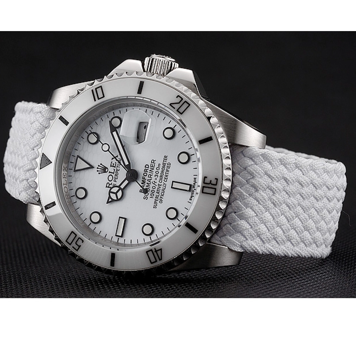 AAA replica watch Bracelet Fabric Bamford Rolex Dial 1453867 White White Submariner 0209