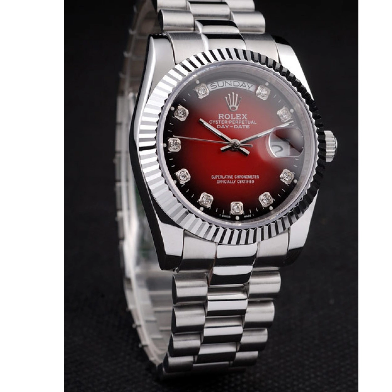 Rolex aaa copy Day-Date Steel Tone Polished Dial Rolex Stainless Red Two 0209