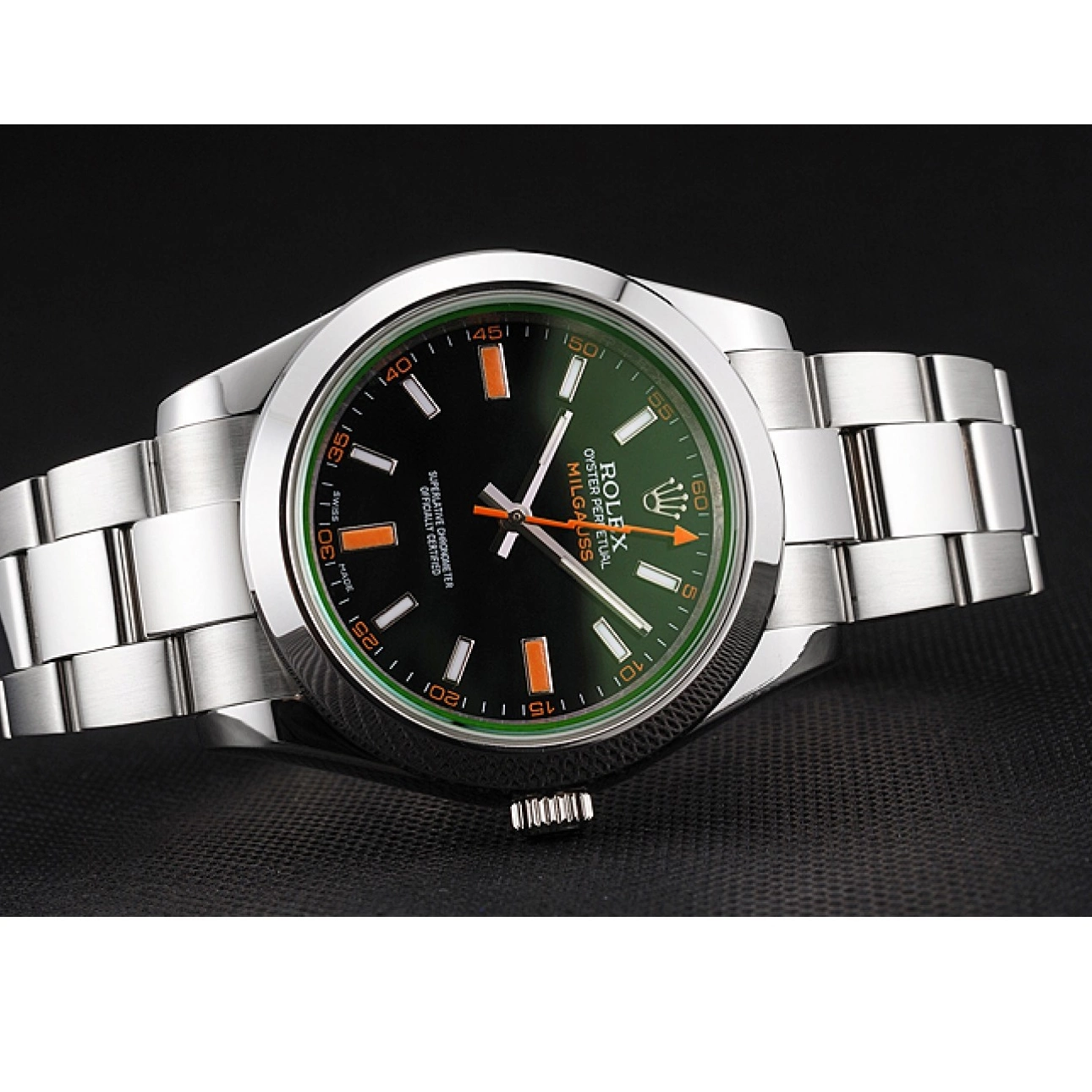 Good copy rolex watches And Bracelet Markings Rolex Black Swiss Milgauss Orange Dial Steel Case Stainless 0226