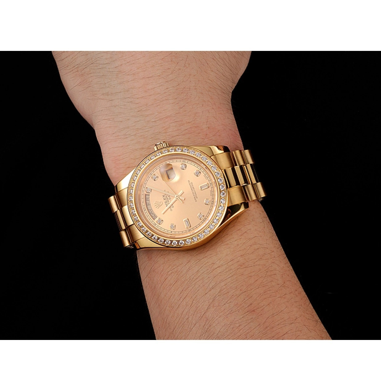 AAA replica watch Gold Champagne Day-Date Diamond Dial Bezel Swiss Bracelet Rolex 1454099 0227