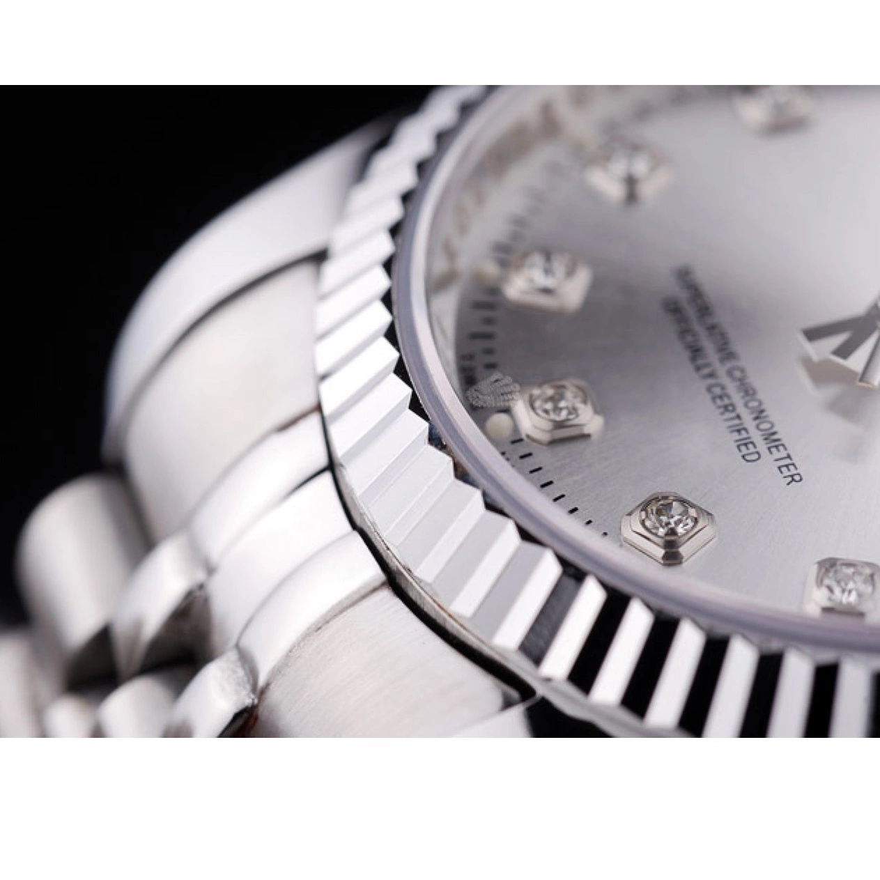 Rolex aaa copy 7455 Rolex Datejust Ribbed Diamonds Bezel Silver Dial 0216