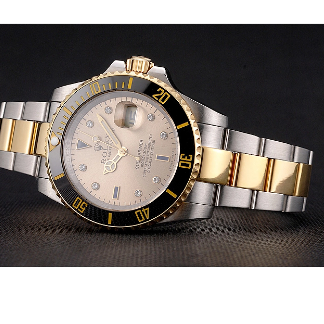 Good copy rolex watches Bezel Rolex Submariner Tone Gold Gold Black Steel Diamond Swiss Markings Bracelet Dial Two 0210