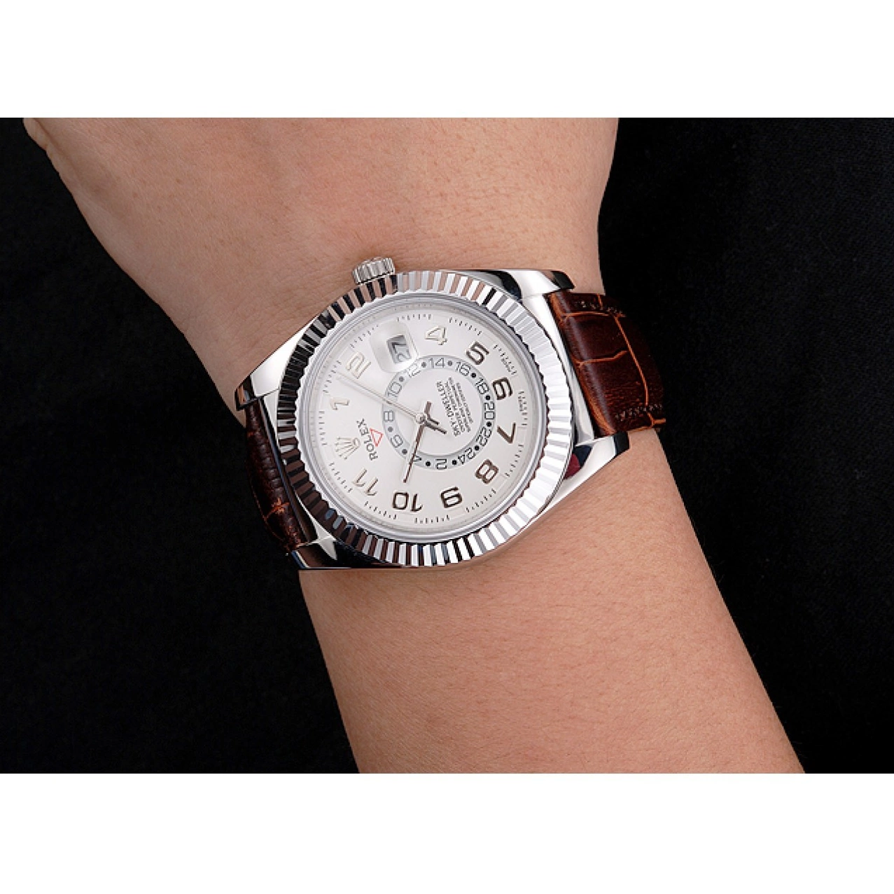 Rolex aaa copy Brown Stainless Rolex Leather Dweller White Dial Steel Sky Case Strap 0227