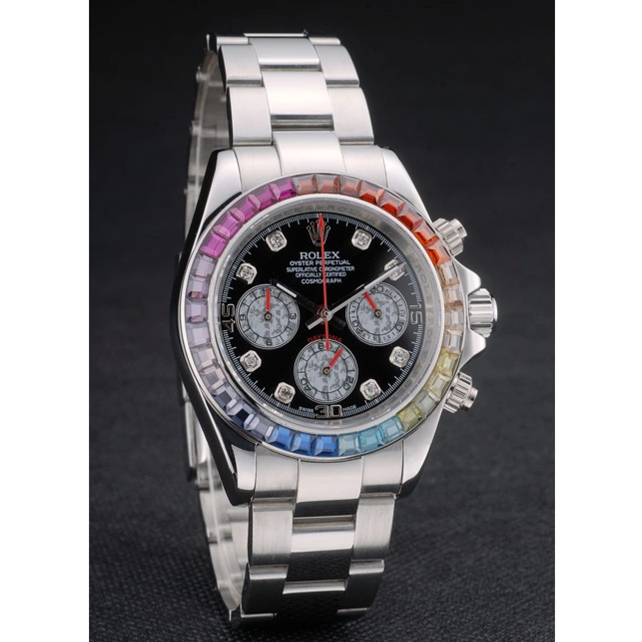 AAA replica watch Crystals Cosmograph Daytona Dial Black Rolex Stainless 80250 Strap Bezel Steep Rainbow 0210