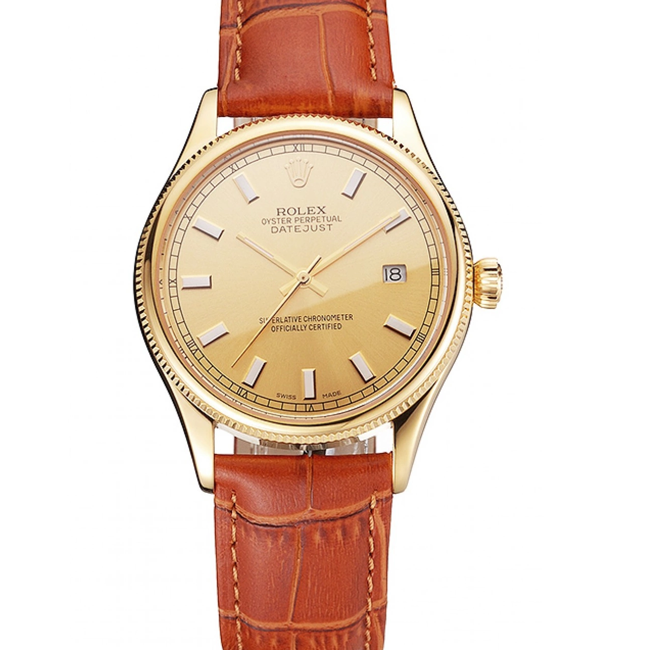 AAA replica watch Light Dial Gold Brown Datejust Swiss Leather Case Gold Strap Rolex 0212