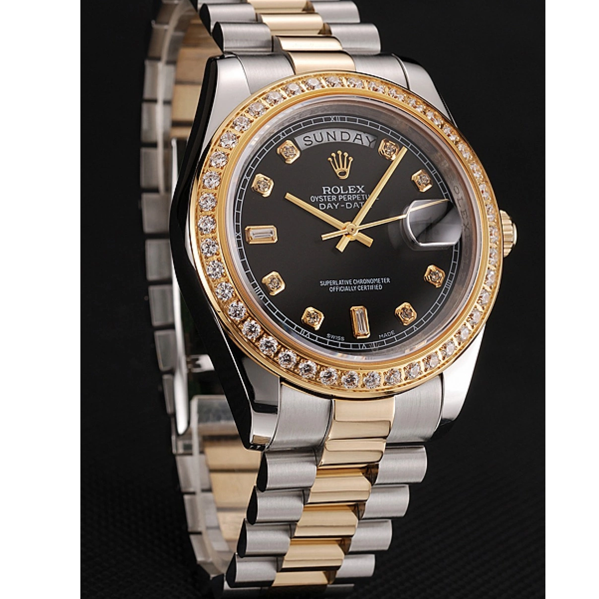 Rolex copies cheap Steel Diamond Gold Two Case Rolex Black Bracelet Dial Tone 1453976 Swiss Stainless Day-Date 0211