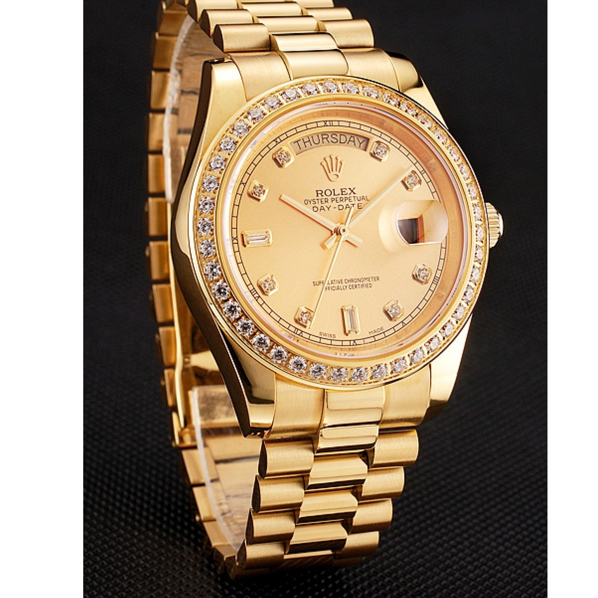 AAA replica watch Gold Champagne Day-Date Diamond Dial Bezel Swiss Bracelet Rolex 1454099 0227