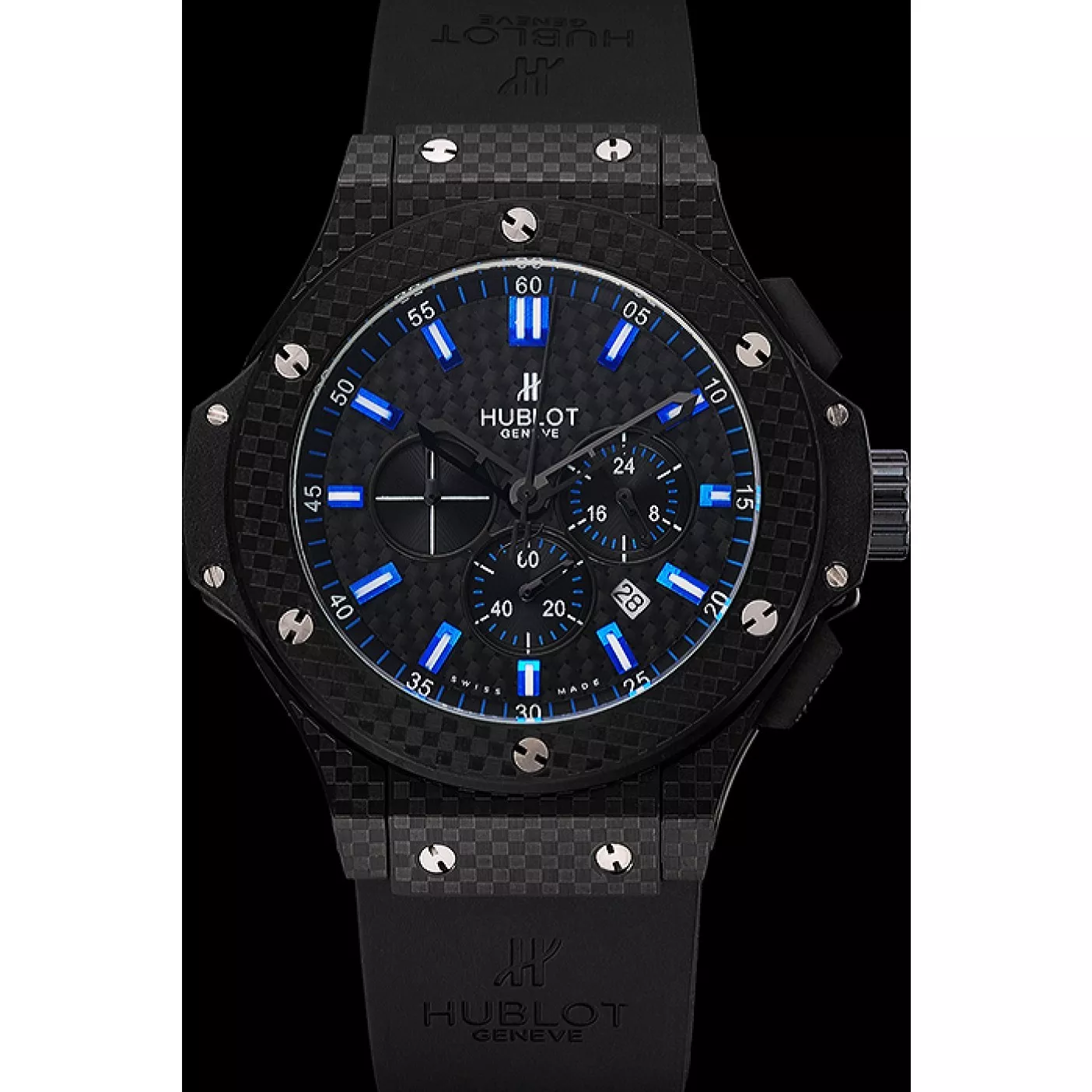 Good copy rolex watches Hublot Big Bang Carbon Dial With Blue Markings Carbon Case And Bezel Black Rubber Strap 622774 0205