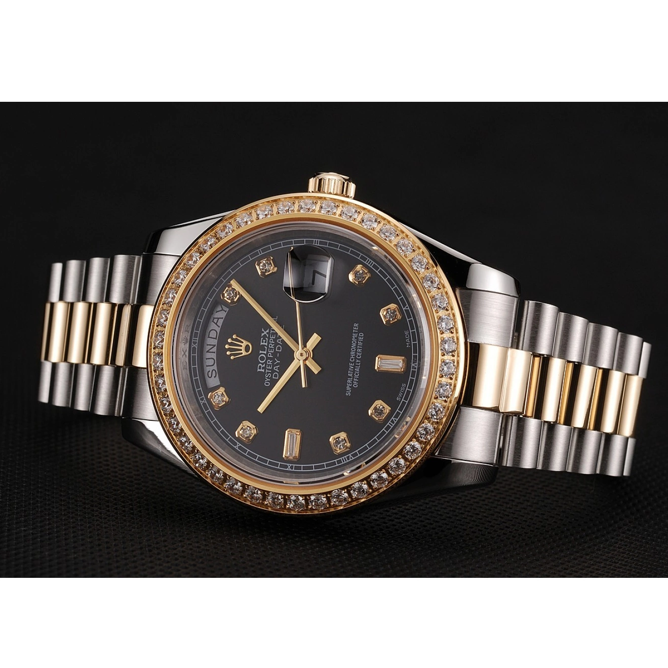 Rolex copies cheap Steel Diamond Gold Two Case Rolex Black Bracelet Dial Tone 1453976 Swiss Stainless Day-Date 0211