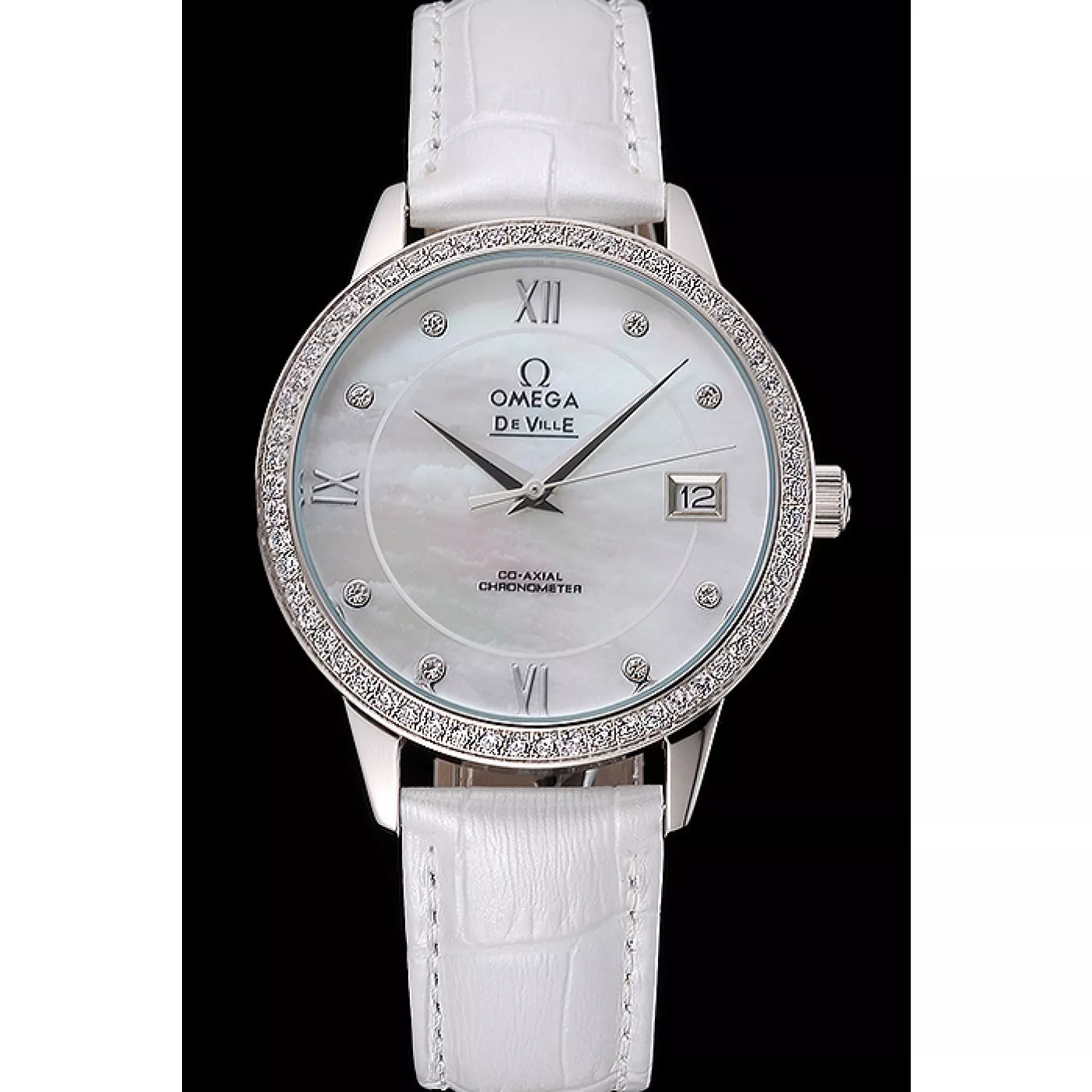 Good copy rolex watches Omega DeVille Prestige Co-Axial Diamond Silver Case Mother-Of-Pearl Dial White Leather Strap 0201