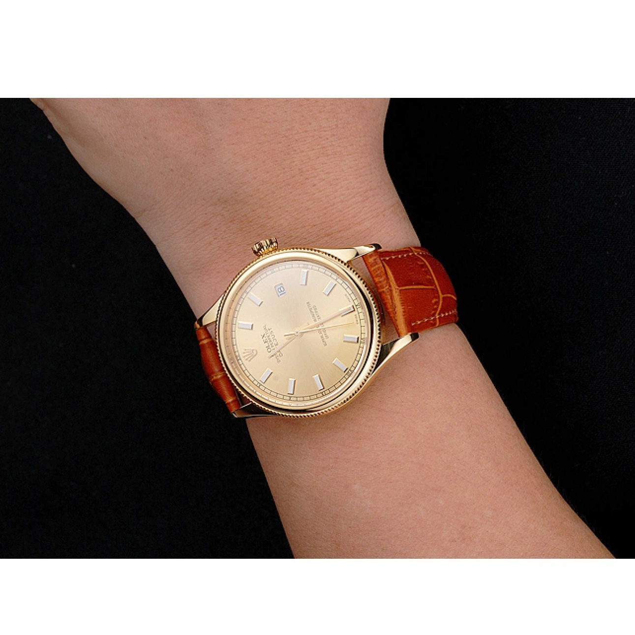 AAA replica watch Light Dial Gold Brown Datejust Swiss Leather Case Gold Strap Rolex 0212