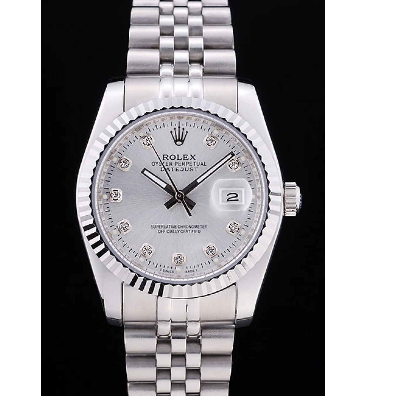 Rolex aaa copy 7455 Rolex Datejust Ribbed Diamonds Bezel Silver Dial 0216