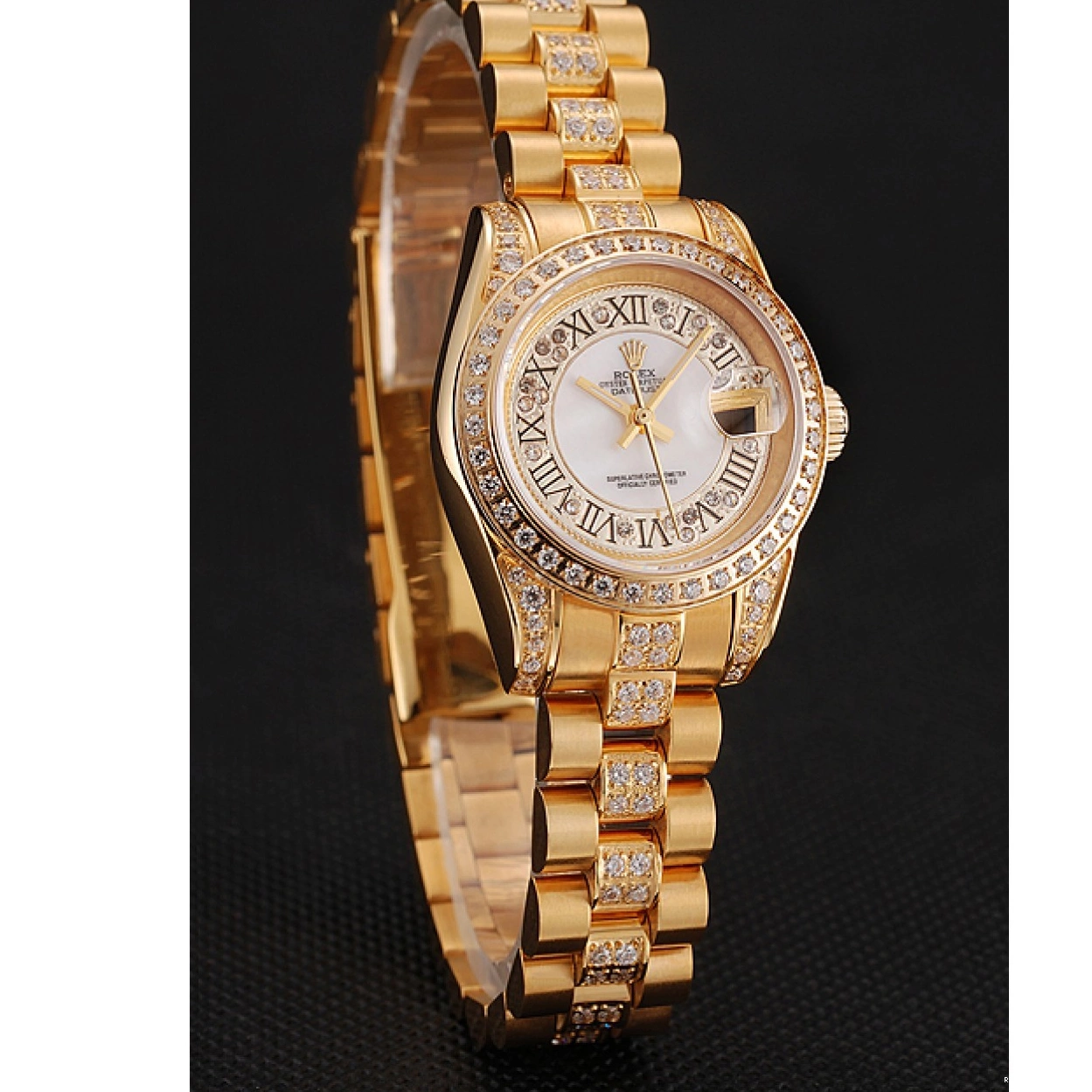 Good copy rolex watches Bracelet White Diamond Gold Dial Pave Diamond DayJust 1453957 Swiss Rolex 0212