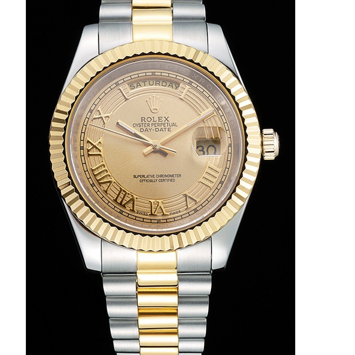 Rolex aaa copy Gold Tone Steel Two Plated 18k Stainless Day-Date Dial Rolex Gold 0225