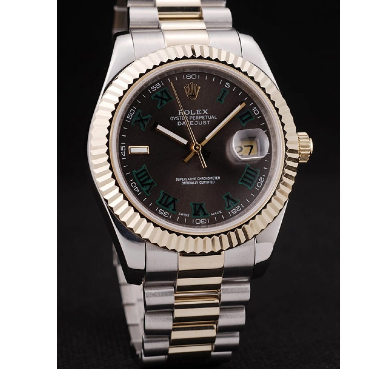 AAA replica watch Brown DateJust Dial Gold Ribbed Pattern Bezel Rolex 0213