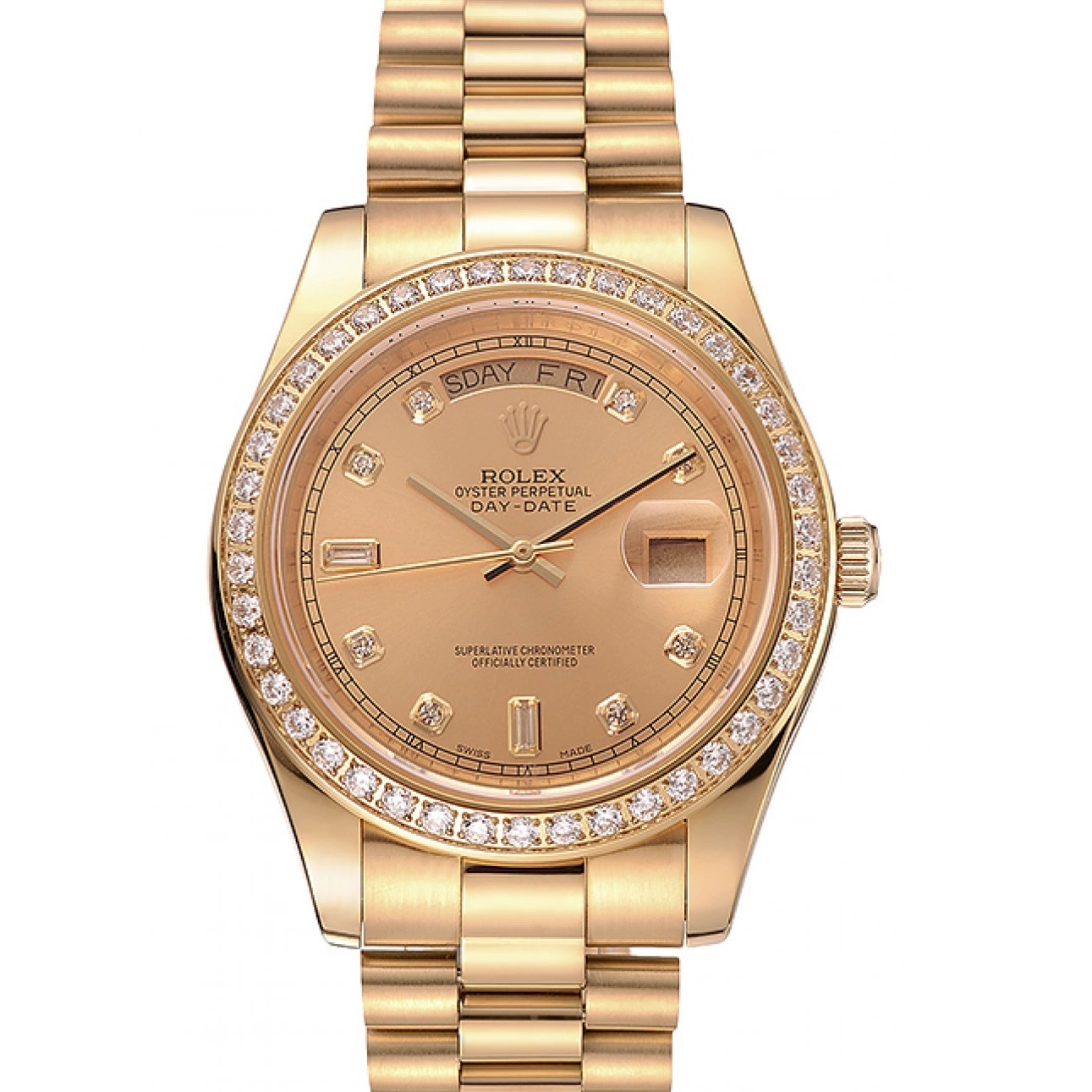 AAA replica watch Gold Champagne Day-Date Diamond Dial Bezel Swiss Bracelet Rolex 1454099 0227