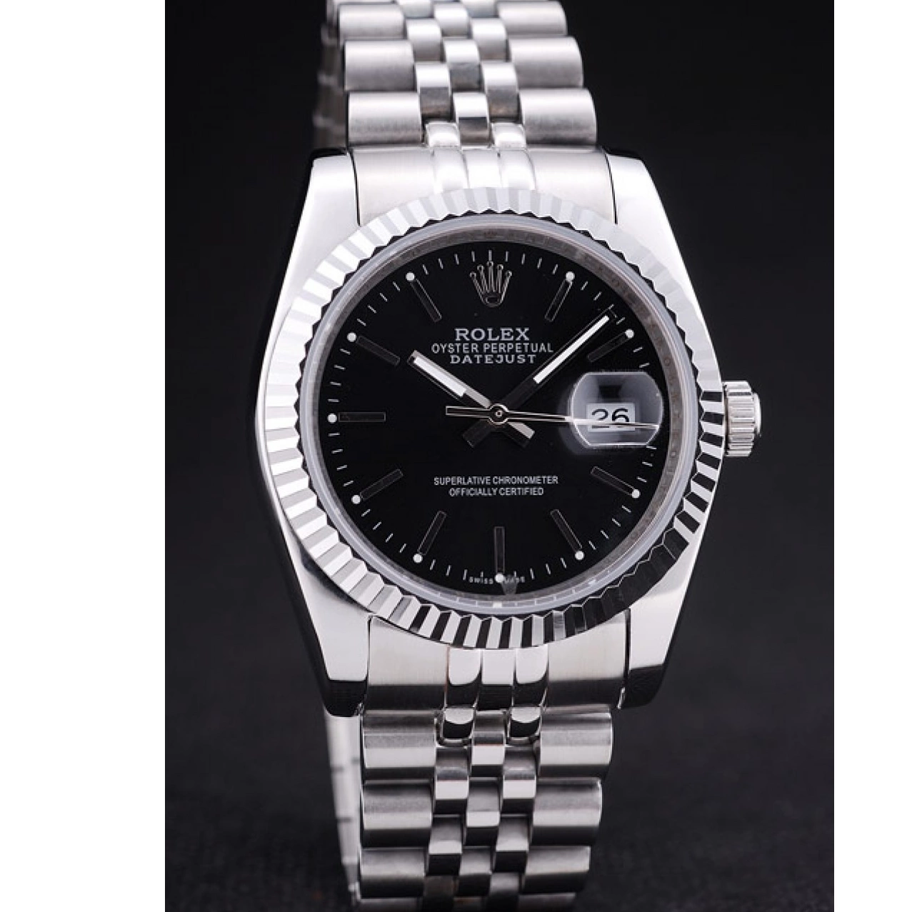 AAA replica watch Diamonds Dial Datejust Rolex Black Bezel 7456 Ribbed 0216