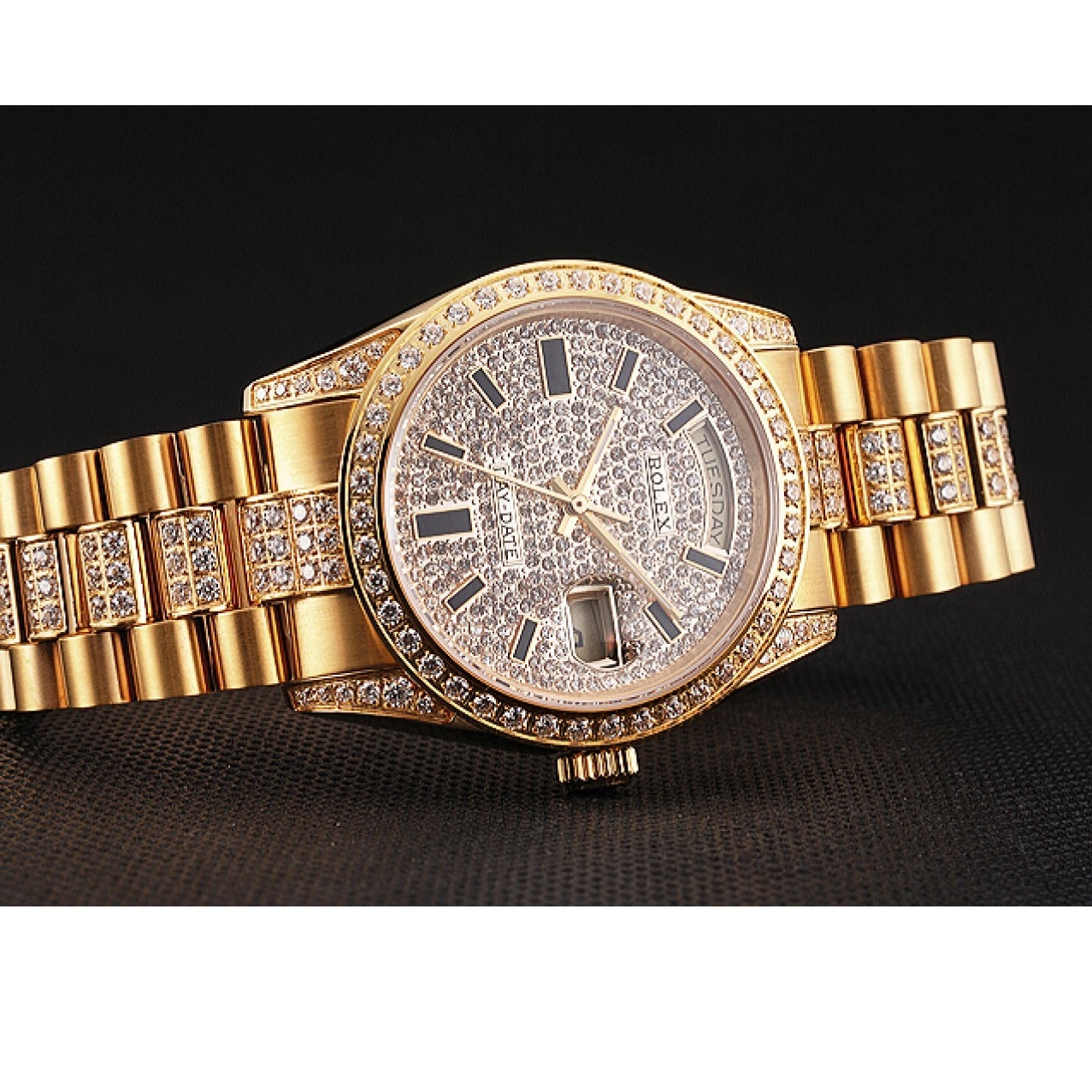 AAA replica watch Diamond Yellow Date Swiss Gold Pave Day Rolex 0211