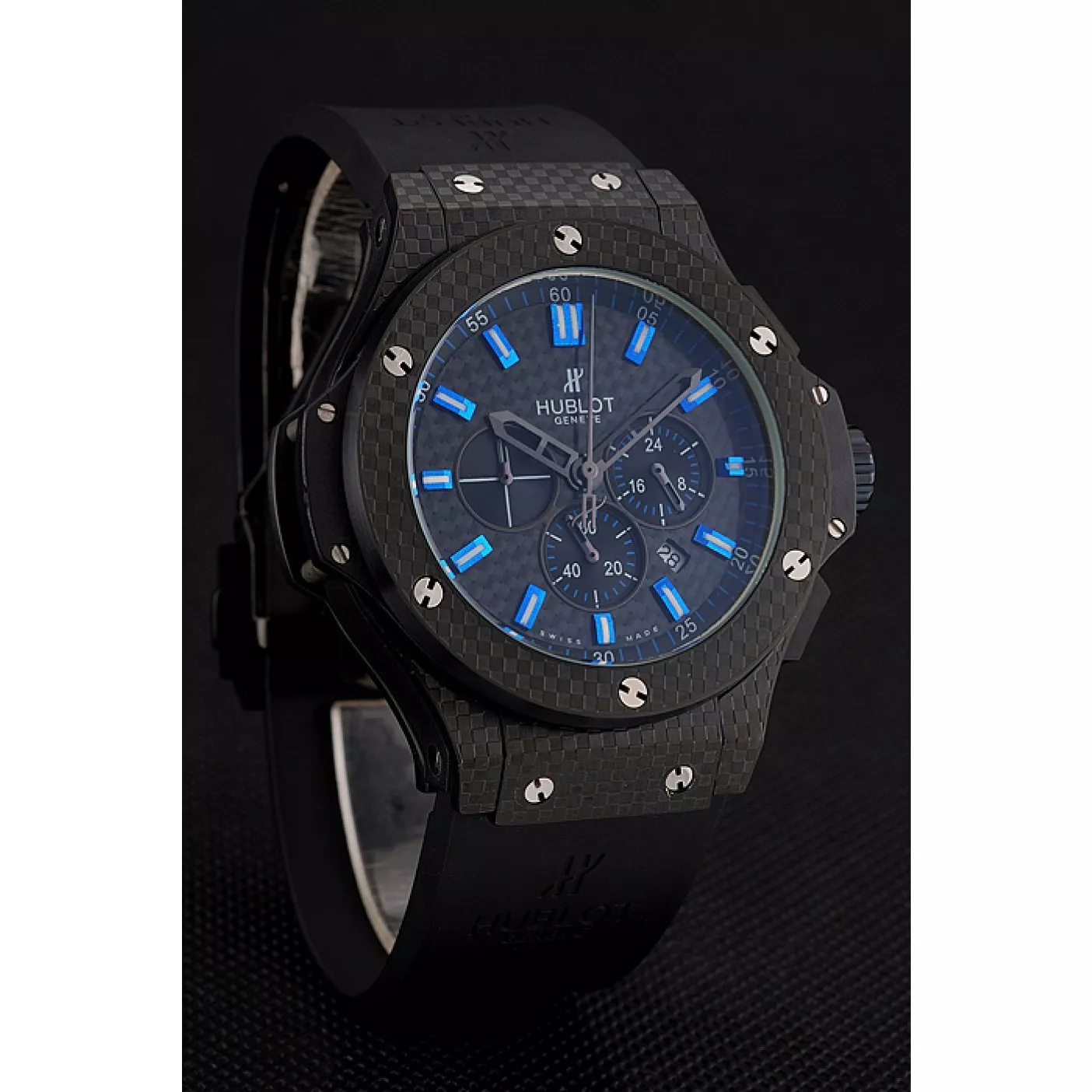 Good copy rolex watches Hublot Big Bang Carbon Dial With Blue Markings Carbon Case And Bezel Black Rubber Strap 622774 0205