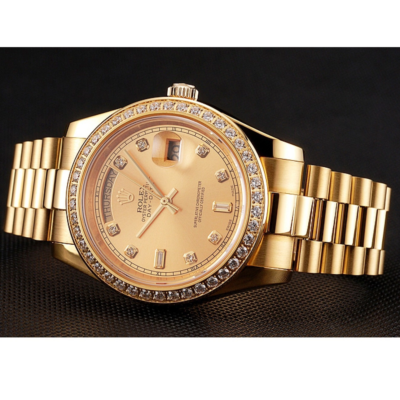 AAA replica watch Gold Champagne Day-Date Diamond Dial Bezel Swiss Bracelet Rolex 1454099 0227