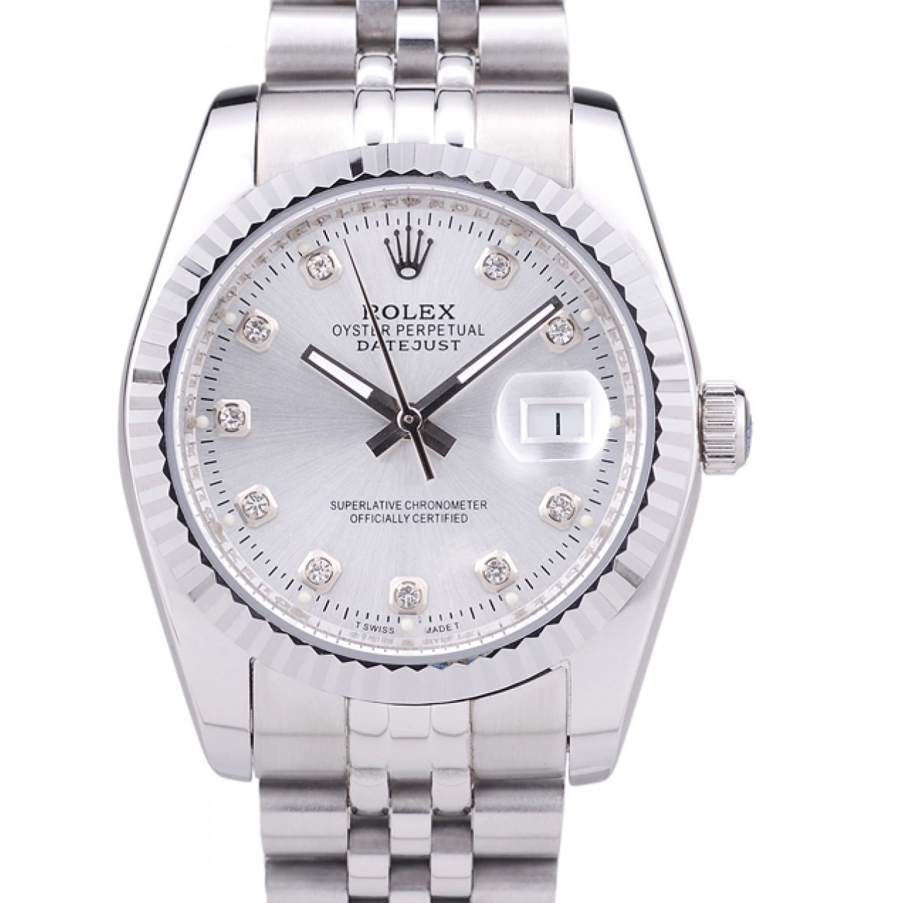 Rolex aaa copy 7455 Rolex Datejust Ribbed Diamonds Bezel Silver Dial 0216