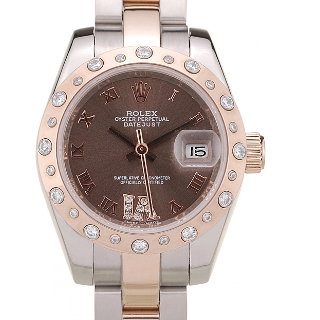 Rolex copies cheap Plated Diamond Case Steel Brown Rolex Dial Stainless Brushed DateJust 0224