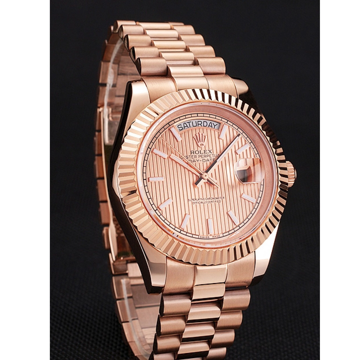 Rolex copies cheap Gold Dial Rose Gold Etched Day Date Rolex Case Swiss And Bracelet Rose 40 0219