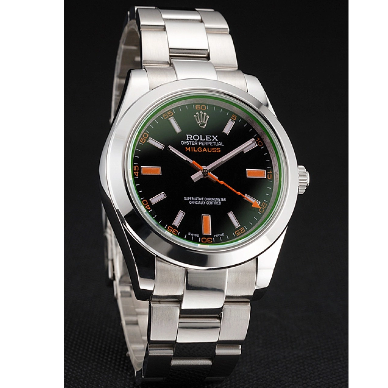 Good copy rolex watches And Bracelet Markings Rolex Black Swiss Milgauss Orange Dial Steel Case Stainless 0226