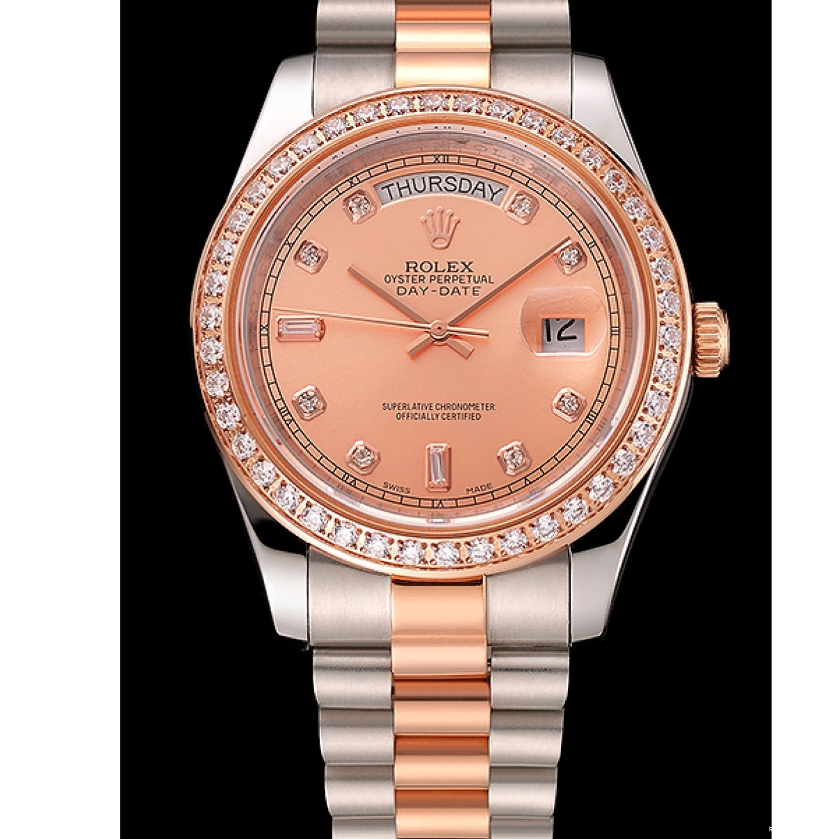 Good copy rolex watches 1454107 Bezel Gold Diamonds Swiss Steel Rose Bracelet And Staineless Day-Date Rolex 0220