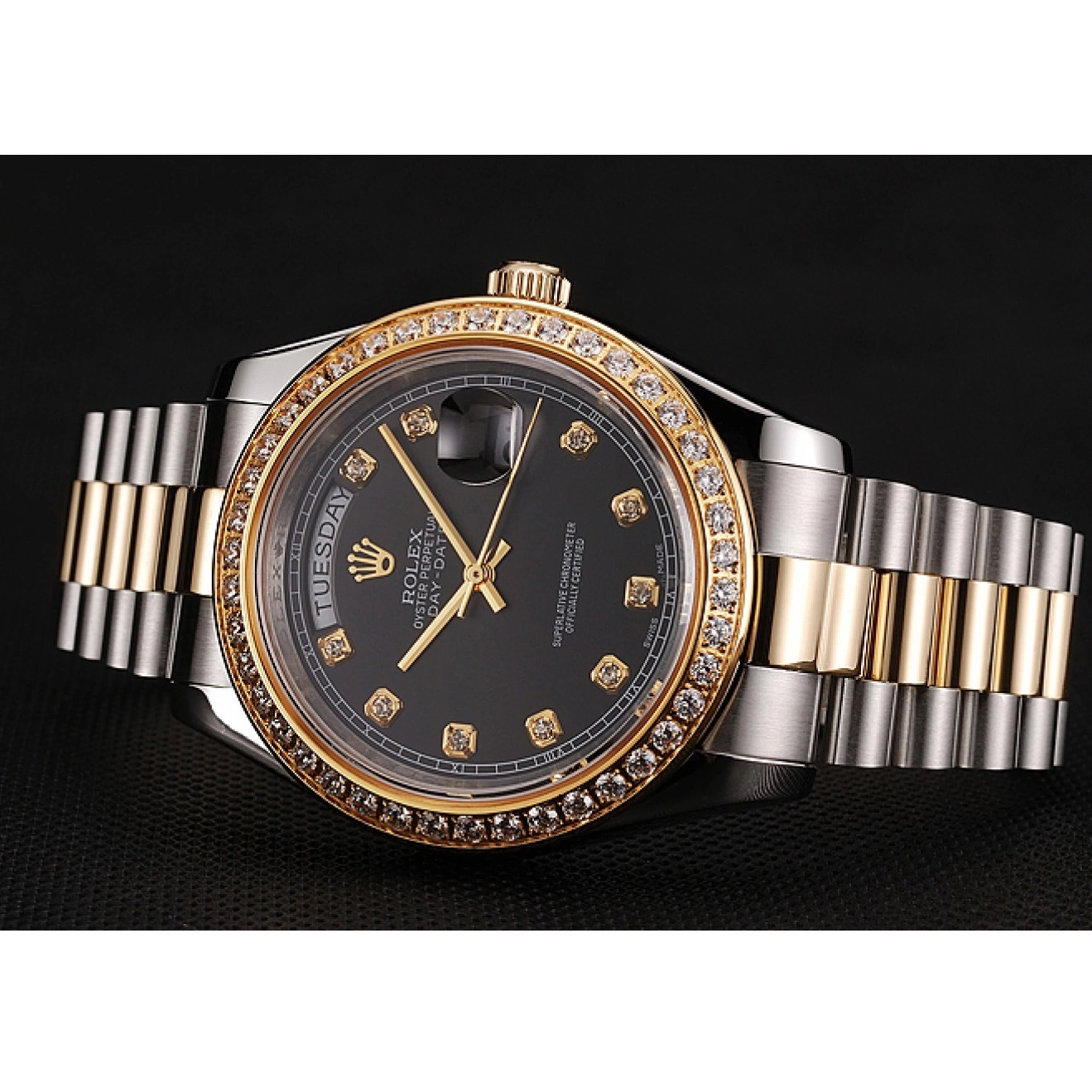 AAA replica watch Day-Date Gold Two Case Black Bracelet Stainless Rolex Dial Tone Diamond Swiss Steel 1453975 0222