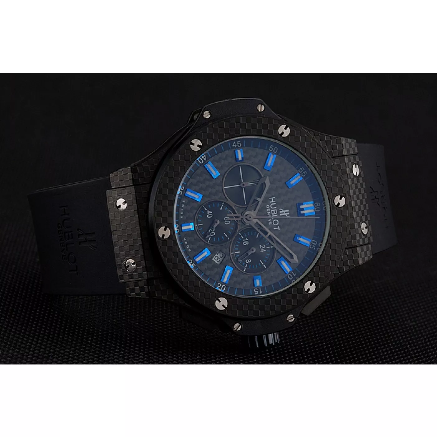 Good copy rolex watches Hublot Big Bang Carbon Dial With Blue Markings Carbon Case And Bezel Black Rubber Strap 622774 0205