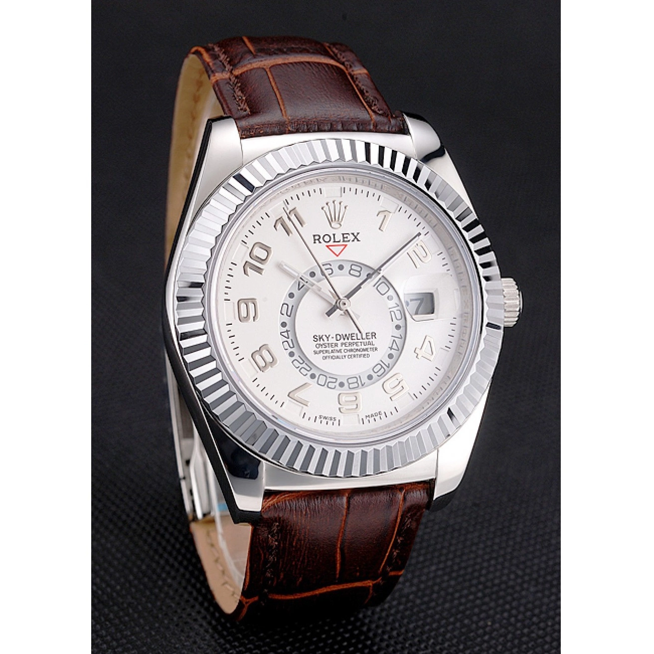 Rolex aaa copy Brown Stainless Rolex Leather Dweller White Dial Steel Sky Case Strap 0227